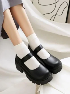 Academic Lolita Footwear Escarpins Lolita à talons épais en cuir PU bordeaux