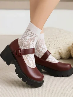 Academic Lolita Footwear Escarpins Lolita à talons épais en cuir PU bordeaux