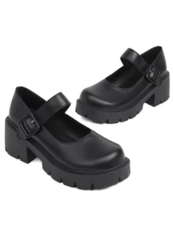 Academic Lolita Footwear Escarpins Lolita à talons épais en cuir PU bordeaux
