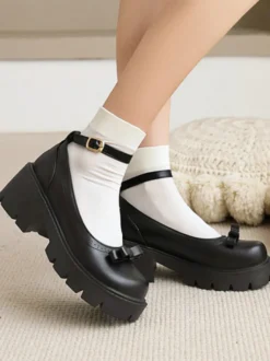 Académie Lolita Chaussures Escarpins en cuir PU à bout rond noir nœud