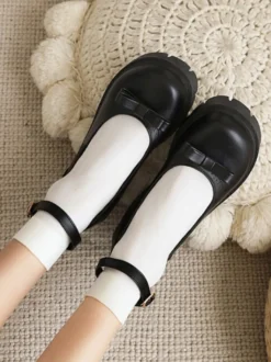 Académie Lolita Chaussures Escarpins en cuir PU à bout rond noir nœud