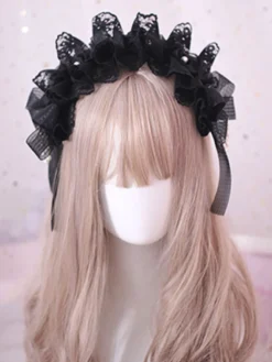 Accessoire de cheveux gothique Lolita Ruffle Bow Pearl Lace Black Déguisements Halloween
