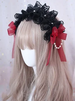 Accessoire de cheveux gothique Lolita Ruffle Bow Pearl Lace Black Déguisements Halloween