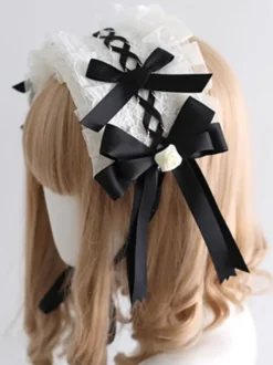 Accessoires gothiques Lolita Nœud noir Volants Bloc de couleur Coiffes Divers