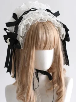Accessoires gothiques Lolita Nœud noir Volants Bloc de couleur Coiffes Divers