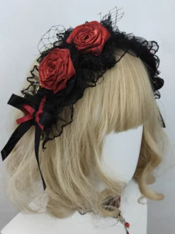 Accessoires gothiques Lolita Volants bordeaux Roses Bloc de couleurs Coiffes Divers