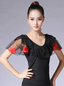 Attrayant costume de danse latine Soie de lait noir avec dentelle Top Déguisements Halloween