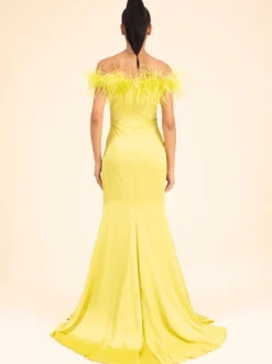 Avec robe de cocktail Jolie sirène avec traîne Col bateau Plumes Soie élastique comme du satin