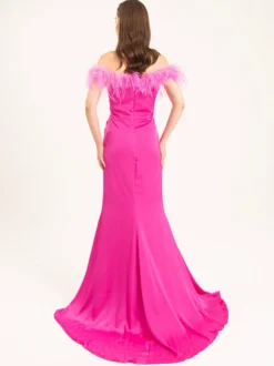 Avec robe de cocktail Jolie sirène avec traîne Col bateau Plumes Soie élastique comme du satin