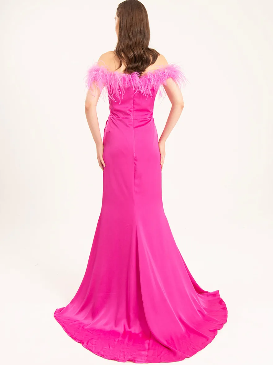 Avec robe de cocktail Jolie sirène avec traîne Col bateau Plumes Soie élastique comme du satin