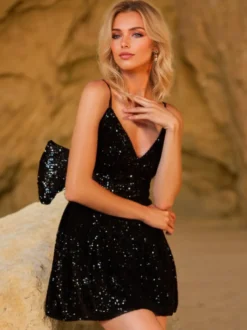 Avec Robe De Cocktail Élégante Courte Col En V Avec Nœuds