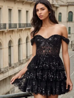 Avec robe de soirée courte en dentelle à découpes et décolleté en cœur
