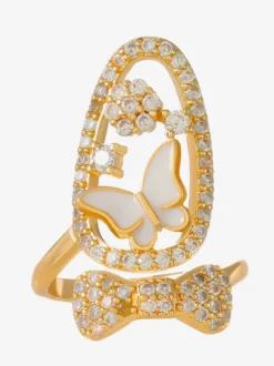 Bague de protection d'ongle ajustable dorée ornée de strass papillon et crâne rose émaillé
