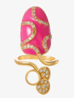 Bague de protection d'ongle ajustable dorée ornée de strass papillon et crâne rose émaillé