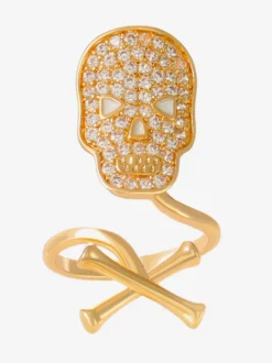 Bague de protection d'ongle ajustable dorée ornée de strass papillon et crâne rose émaillé