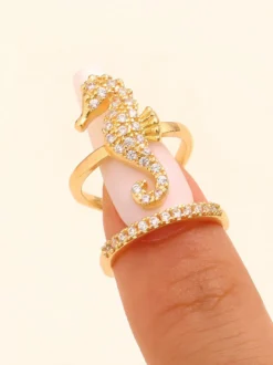 Bagues d'ongles strass animaux marins : hippocampe coquillage étoile de mer tortue dauphin protège-ongles ajustables