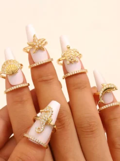 Bagues d'ongles strass animaux marins : hippocampe coquillage étoile de mer tortue dauphin protège-ongles ajustables