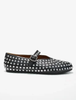 Ballerines Femme Noires Strass Clou Bout Rond Mary Jane Chaussures Plates À Boucle