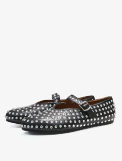 Ballerines Femme Noires Strass Clou Bout Rond Mary Jane Chaussures Plates À Boucle
