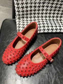 Ballerines Femme Noires Strass Clou Bout Rond Mary Jane Chaussures Plates À Boucle