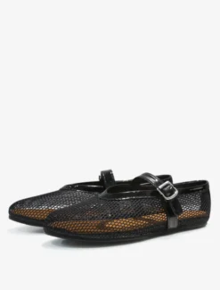 Ballerines Femmes Mary Jane Chaussures Plates Noires À Bout Rond En Maille À Boucle