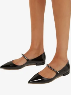 Ballerines Mary Jane noires à bout pointu et strass pour femmes