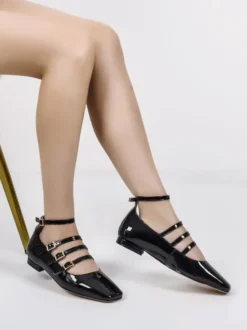 Ballerines noires femmes bout carré boucle détail chaussures plates pour les femmes