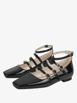Ballerines noires femmes bout carré boucle détail chaussures plates pour les femmes