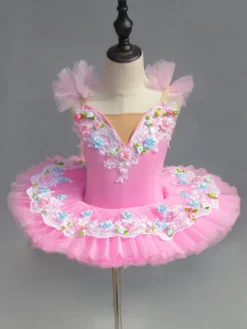 Ballet Dance Costume Rose Dentelle Fleurs Plissé Robe Déguisements Halloween