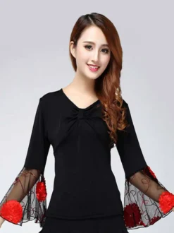 Ballroom Dance Costume Top Femmes Long Sleeve V Neck T Shirt Top Déguisements Halloween