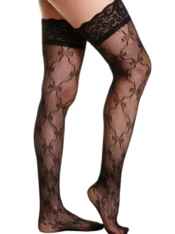 Bas autofixant en nylon noir jacquard avec dentelle