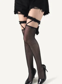 Bas Autofixants Collants Femme Creusant Elastique Unicolore avec Noeud Lingerie Sexy