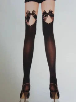 Bas Collants Bas autofixants Femmes Imprimés Décors avec Noeud Transparentes Longs Creusants Unicolore Noir