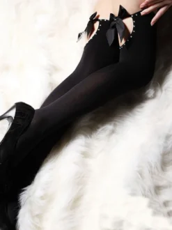 Bas Collants Bas autofixants Femmes Imprimés Décors avec Noeud Transparentes Longs Creusants Unicolore Noir