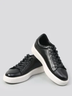 Baskets noires pour hommes en cuir véritable bout rond à lacets chaussures décontractées