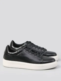 Baskets noires pour hommes en cuir véritable bout rond à lacets chaussures décontractées