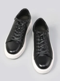 Baskets noires pour hommes en cuir véritable bout rond à lacets chaussures décontractées