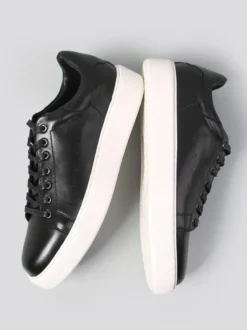 Baskets noires pour hommes en cuir véritable bout rond à lacets chaussures décontractées