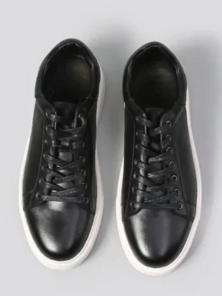 Baskets noires pour hommes en cuir véritable bout rond à lacets chaussures décontractées