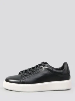 Baskets noires pour hommes en cuir véritable bout rond à lacets chaussures décontractées