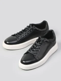 Baskets noires pour hommes en cuir véritable bout rond à lacets chaussures décontractées