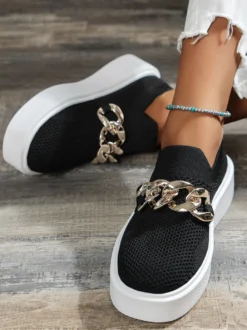 Baskets plates décontractées à bout rond avec chaîne élastique pour femmes