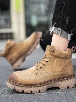 Baskets pour hommes en cuir confortable à bout rond