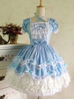 Belle robe à bretelles lolita en 100% coton color-block avec noeud Robe A Bretelles Sans Manches Déguisements Halloween
