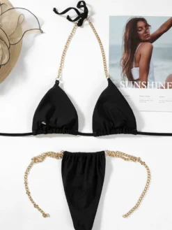 Bikini Maillot de Bain Femme Taille Haute avec Bretelles en Métales Coupe Cintrée à Lacets Croisés Bicolores Bikini Sexy Push Up