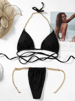 Bikini Maillot de Bain Femme Taille Haute avec Bretelles en Métales Coupe Cintrée à Lacets Croisés Bicolores Bikini Sexy Push Up
