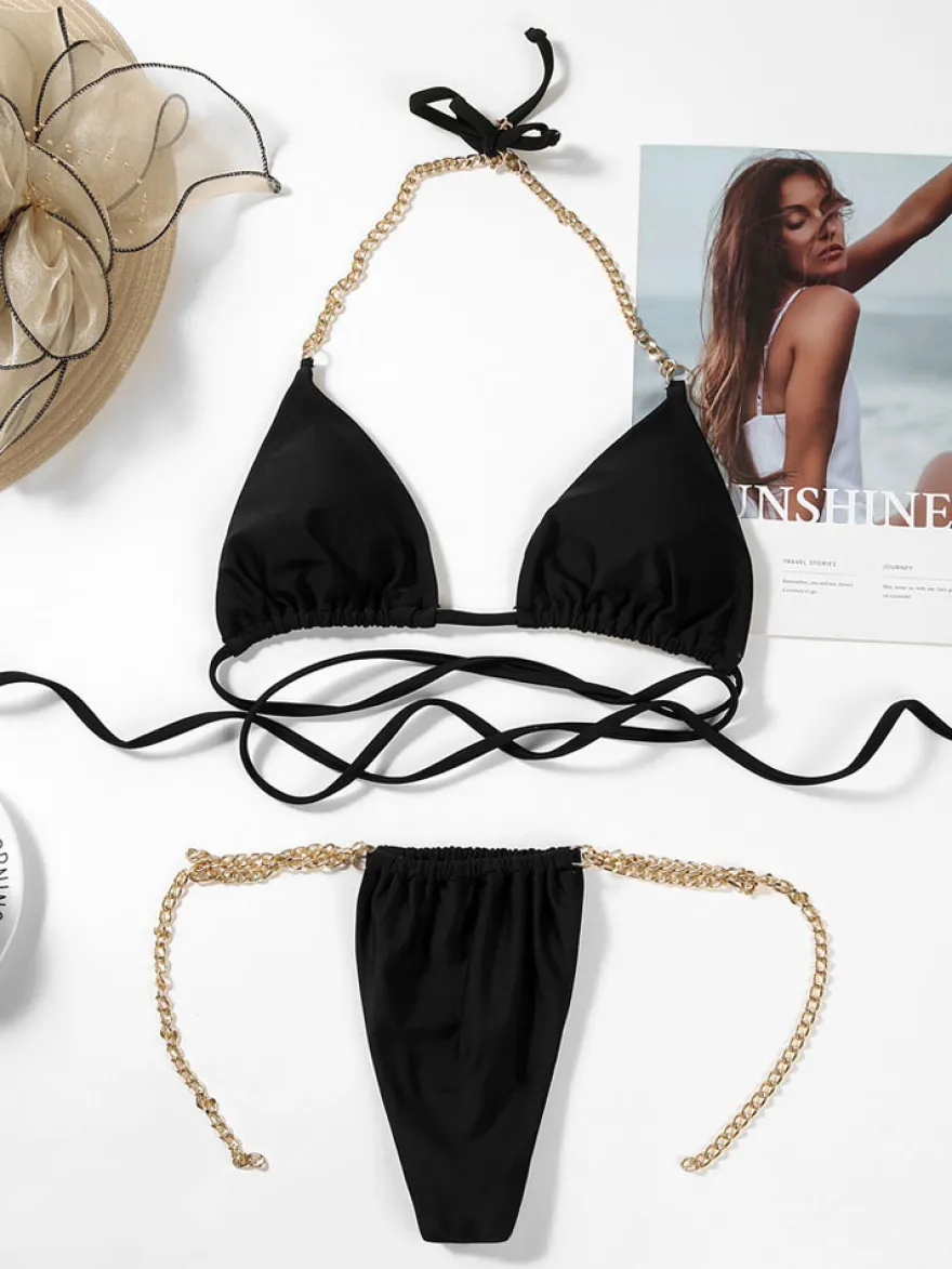 Bikini Maillot de Bain Femme Taille Haute avec Bretelles en Métales Coupe Cintrée à Lacets Croisés Bicolores Bikini Sexy Push Up