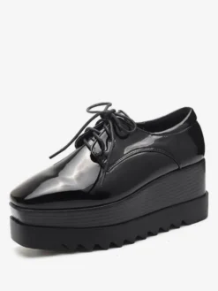 Black Oxfords Wedge Heel Platform Lace Up Chaussures Femmes Square Toe Sneakers