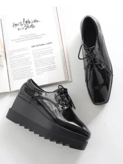 Black Oxfords Wedge Heel Platform Lace Up Chaussures Femmes Square Toe Sneakers