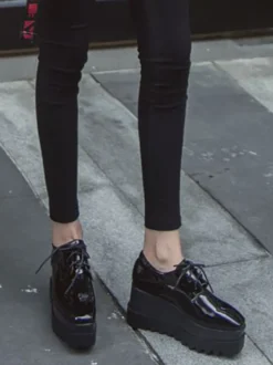 Black Oxfords Wedge Heel Platform Lace Up Chaussures Femmes Square Toe Sneakers